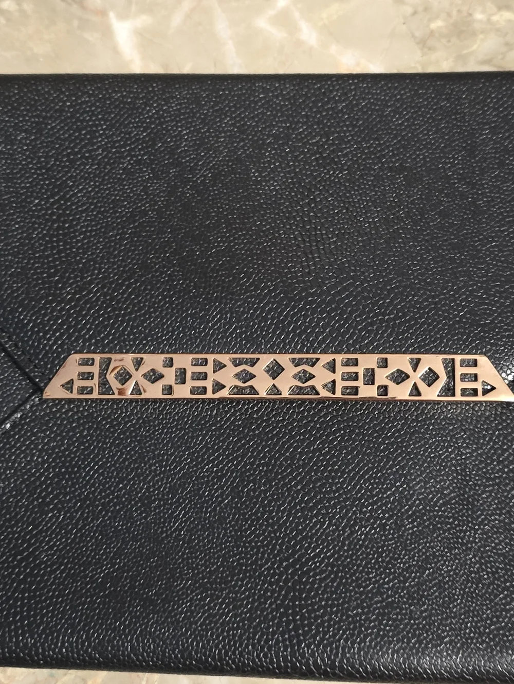 Stella & Dot Avalon Black Envelope Clutch Wristlet w/ Rose Gold Metal Accent